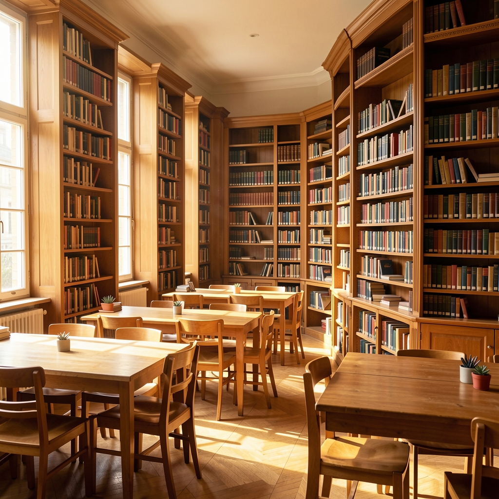 Sunlit library interior with tall wooden bookshelves, reading tables, and warm ambient light, representing a calm and structured environment for independent study