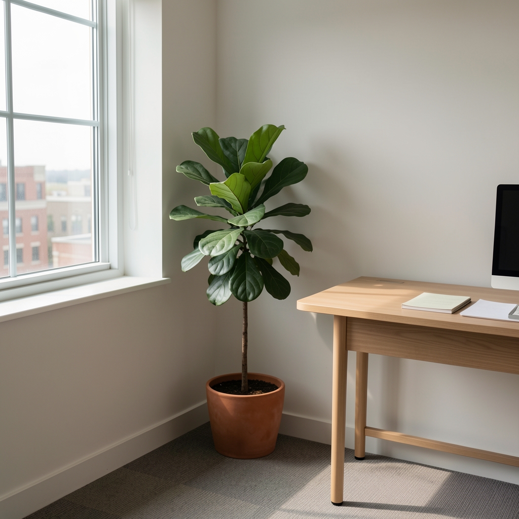 Calm office corner with a potted plant, natural light through a window, and a simple writing desk, representing a quiet and accessible correspondence setting