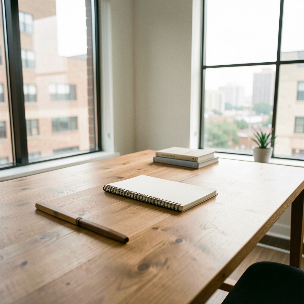 Calm open-plan workspace with wooden desk, natural light from a wide window, and a single notebook, conveying a thoughtful and approachable editorial environment