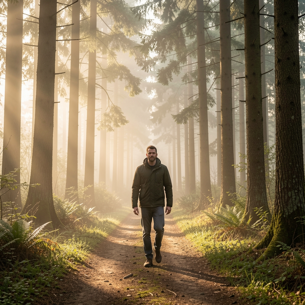 Man walking alone on a misty forest trail at dawn, surrounded by tall trees and dappled early morning light
