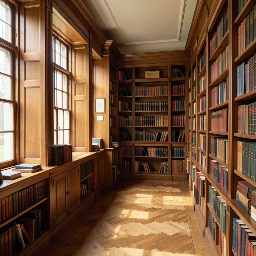 Interior of a traditional reading room with wooden shelves, natural light through tall windows, and rows of scientific reference volumes