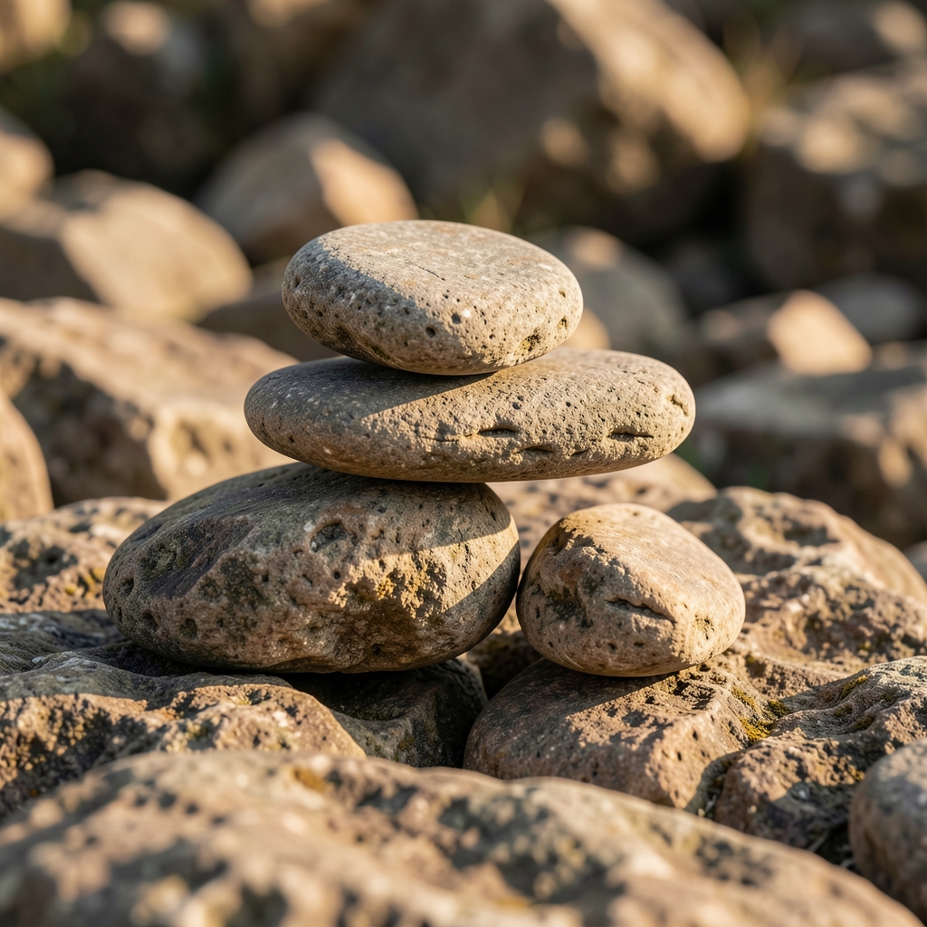 Smooth weathered stones arranged in careful balance on a rocky surface, symbolizing the interconnected foundations of well-being